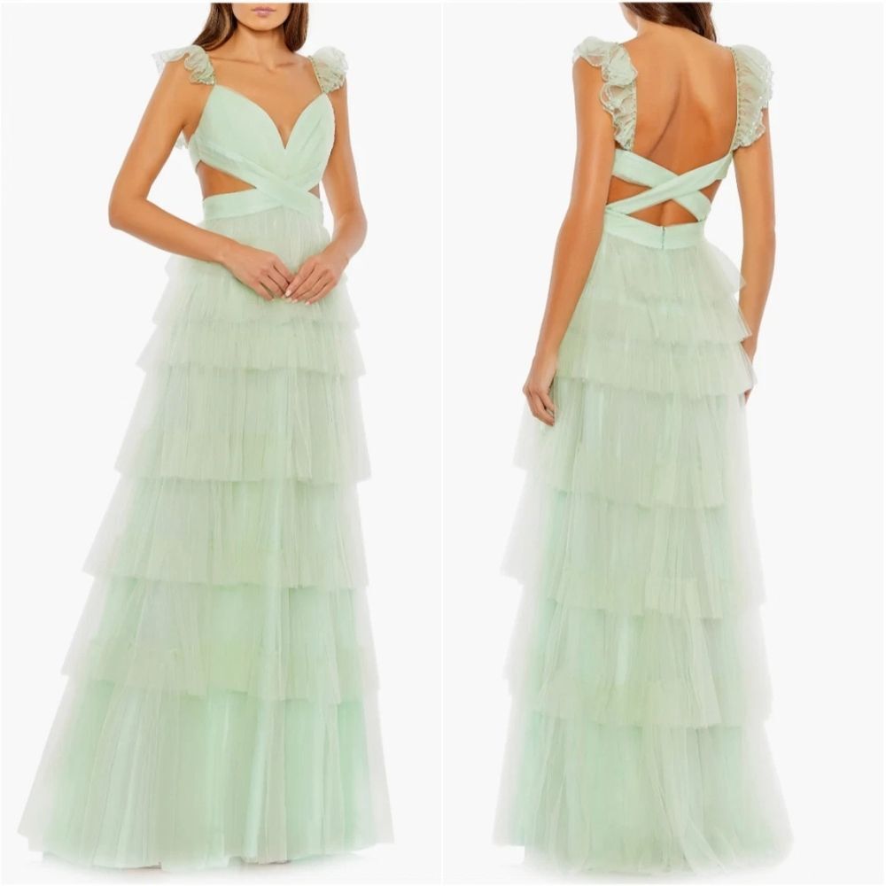 Mac Duggal Mint Green Ruffle Maxi Tiered Formal Party Dress Gown 50670 NWT Sz 6